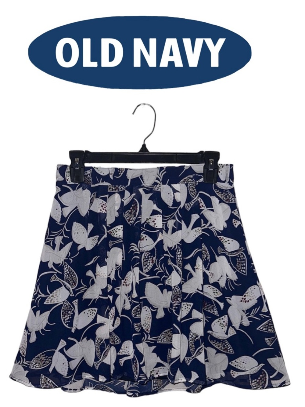 OLD NAVY Navy Blue White Dove Pleated Mini Skirt Bird Chiffon Whimsical Women XS